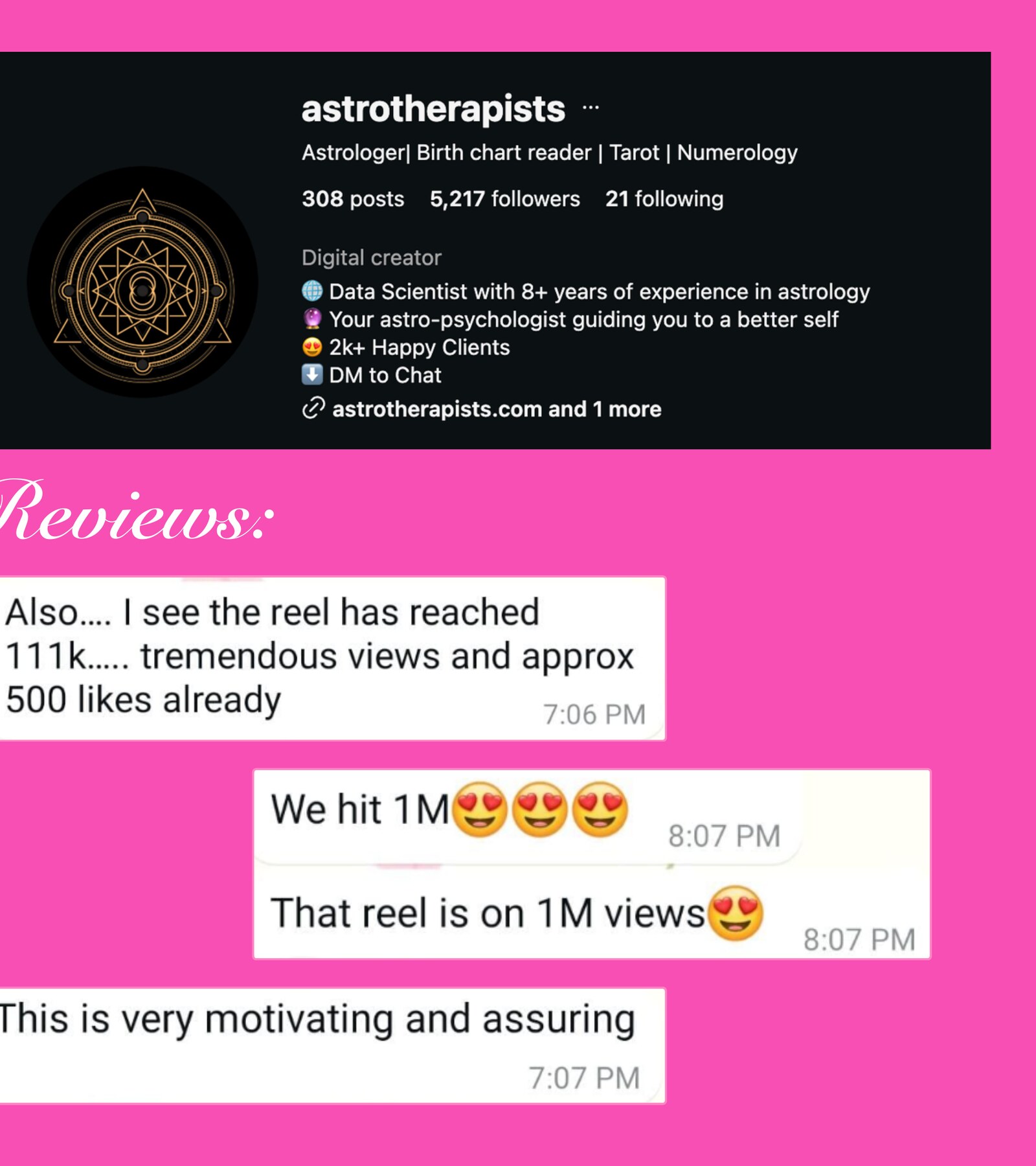 @astrotherapists Instagram profile · 5,217 followers · with client WhatsApp messages: 'We hit 1M', 'reel is on 1M views', 'tremendous views'