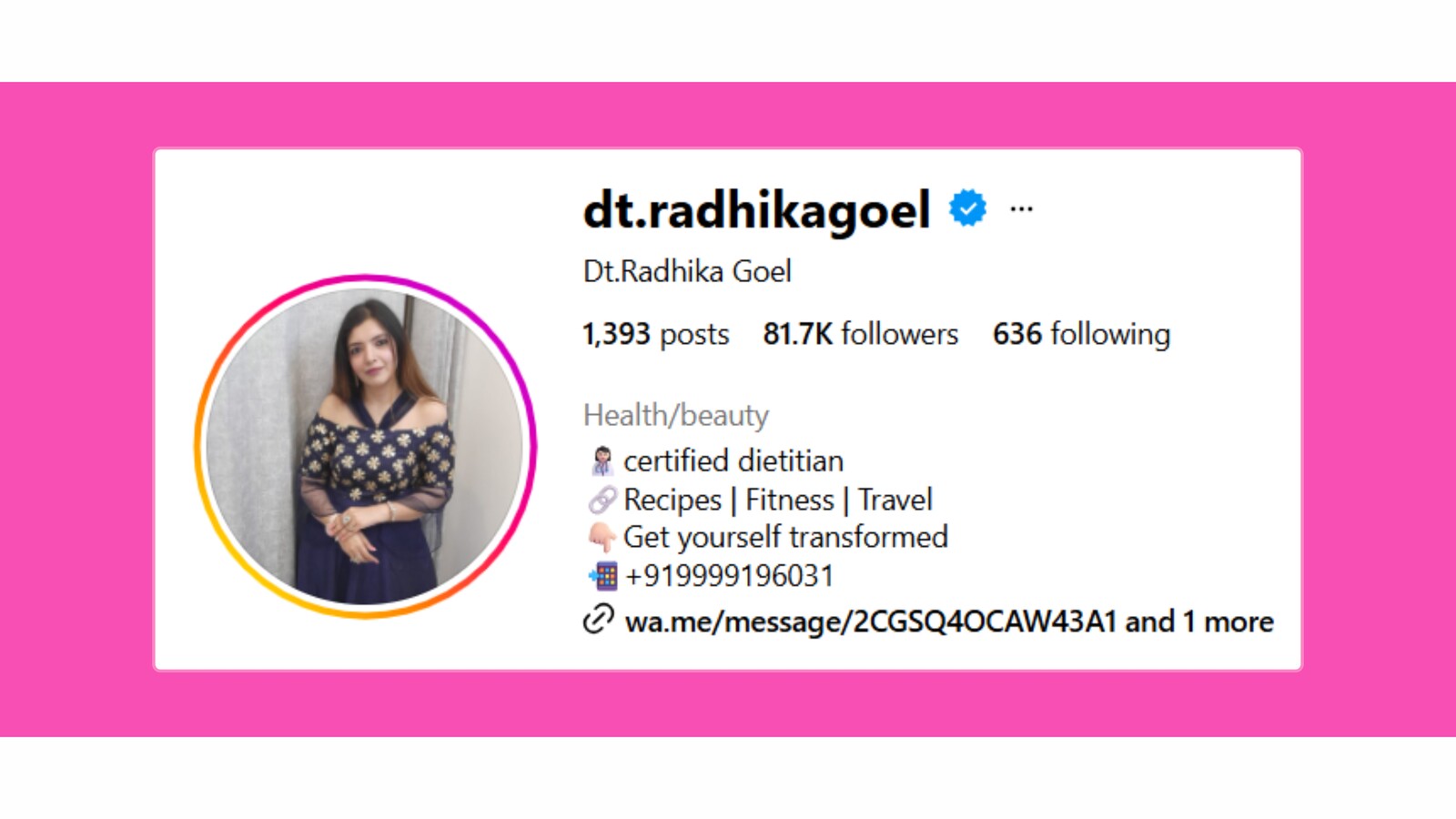 @dt.radhikagoel Instagram profile · 81.7K followers · with her 5-star review of The Unique Agency