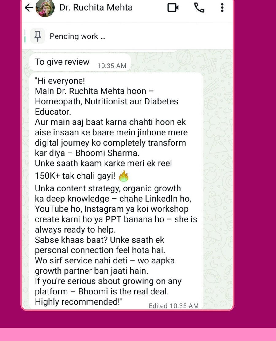 WhatsApp review from Dr. Ruchita Mehta, Holistic Diabetes Coach. Reads: Bhoomi is the real deal. Highly recommended!